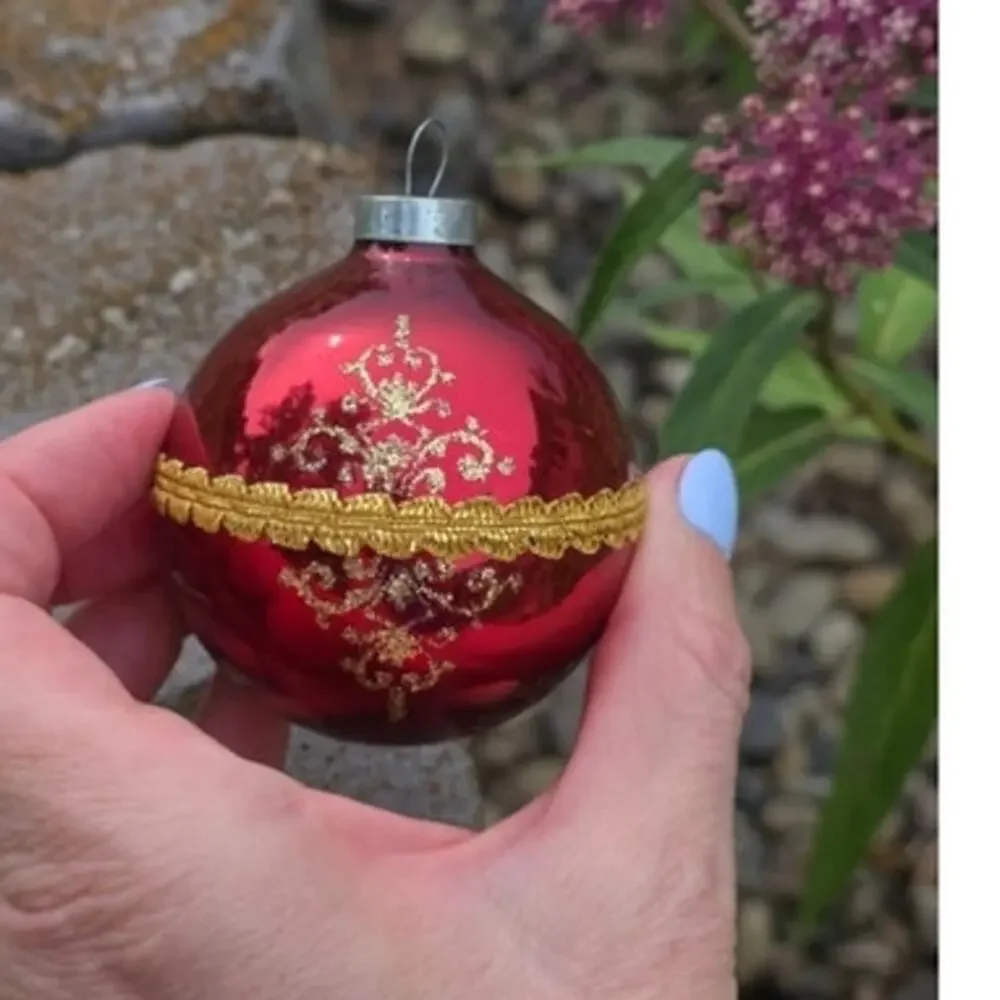 VTG Christmas Ornament Red Glass Globe Western Germany Gold Filigree Rose RARE